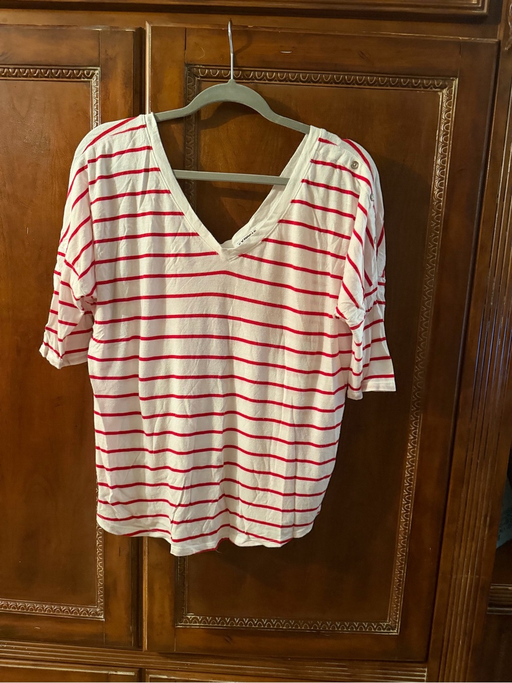 Express Women's White V-Neck Short Sleeve Top with Red Stripes